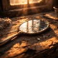 A cracked hand mirror on a wooden surface reflecting warm morning light, symbolizing honest self-reflection.