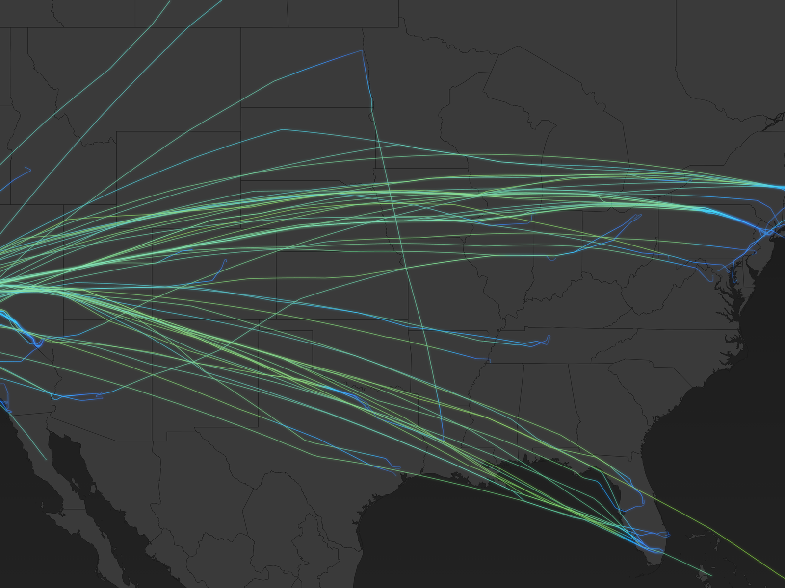 Map visualization showing 132 private jet departure trajectories from San Francisco Bay Area airports after Super Bowl LX on February 8, 2026. Flight paths radiate outward from multiple Bay Area airports (San Francisco, Oakland, San Jose, Hayward, Livermore) toward destinations across the continental United States, with some routes extending to Hawaii, Mexico, Canada, and the Caribbean. Lines are color-coded by departure time from 7:00 PM to 2:00 AM local time, showing concentrated activity between 8:00-9:00 PM.