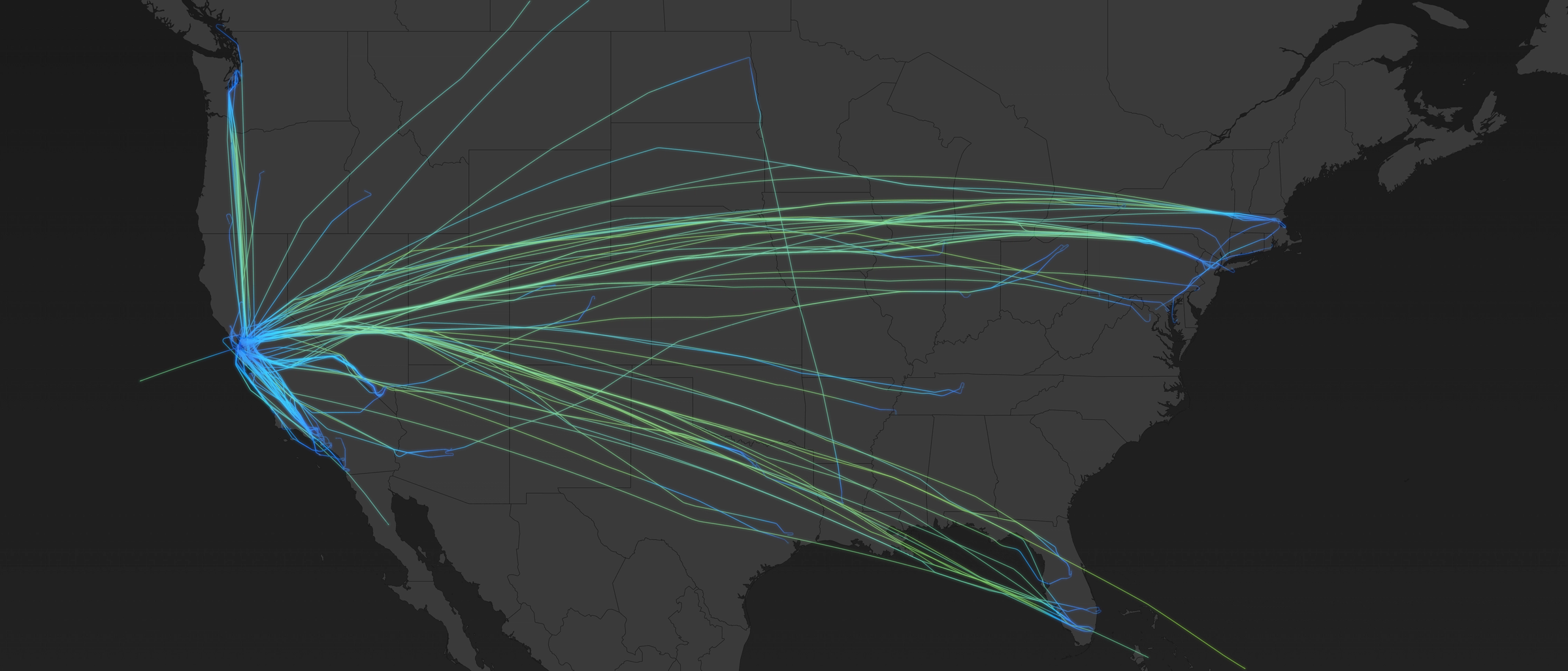 Map visualization showing 132 private jet departure trajectories from San Francisco Bay Area airports after Super Bowl LX on February 8, 2026. Flight paths radiate outward from multiple Bay Area airports (San Francisco, Oakland, San Jose, Hayward, Livermore) toward destinations across the continental United States, with some routes extending to Hawaii, Mexico, Canada, and the Caribbean. Lines are color-coded by departure time from 7:00 PM to 2:00 AM local time, showing concentrated activity between 8:00-9:00 PM.