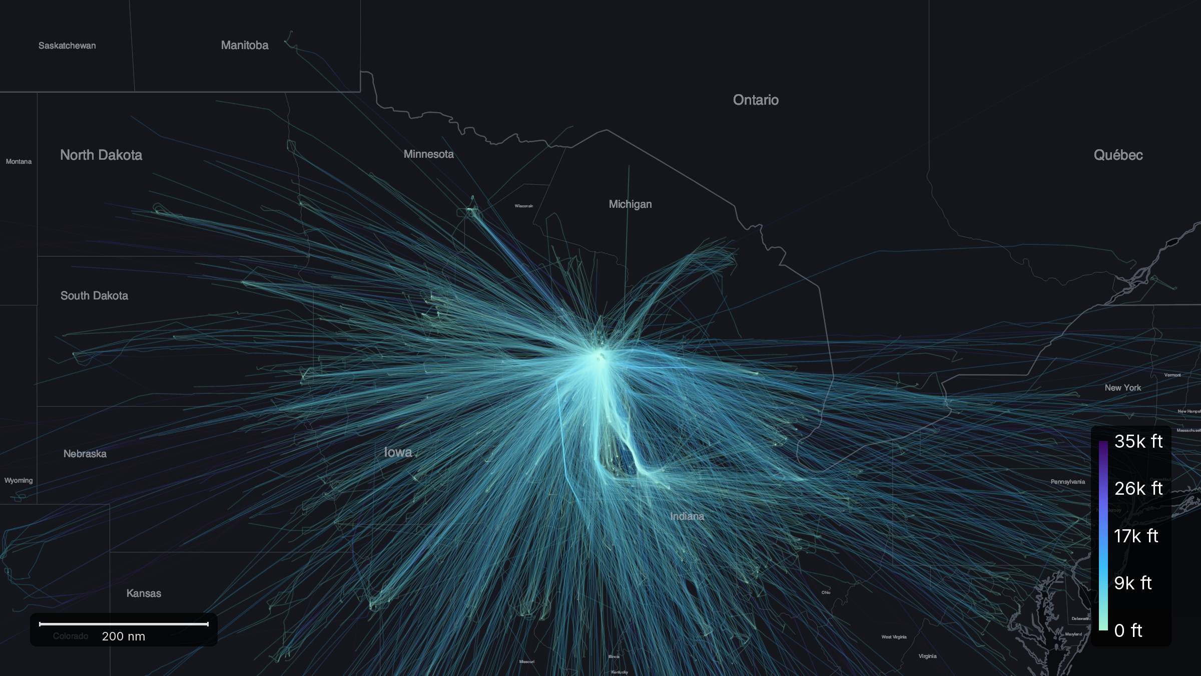 All 4,951 departures from Oshkosh across thirteen days of EAA AirVenture 2026, drawn as ADS-B tracks radiating from Wittman Regional over the upper Midwest and toward both coasts, colored by altitude from mint at low altitude to deep violet at high.