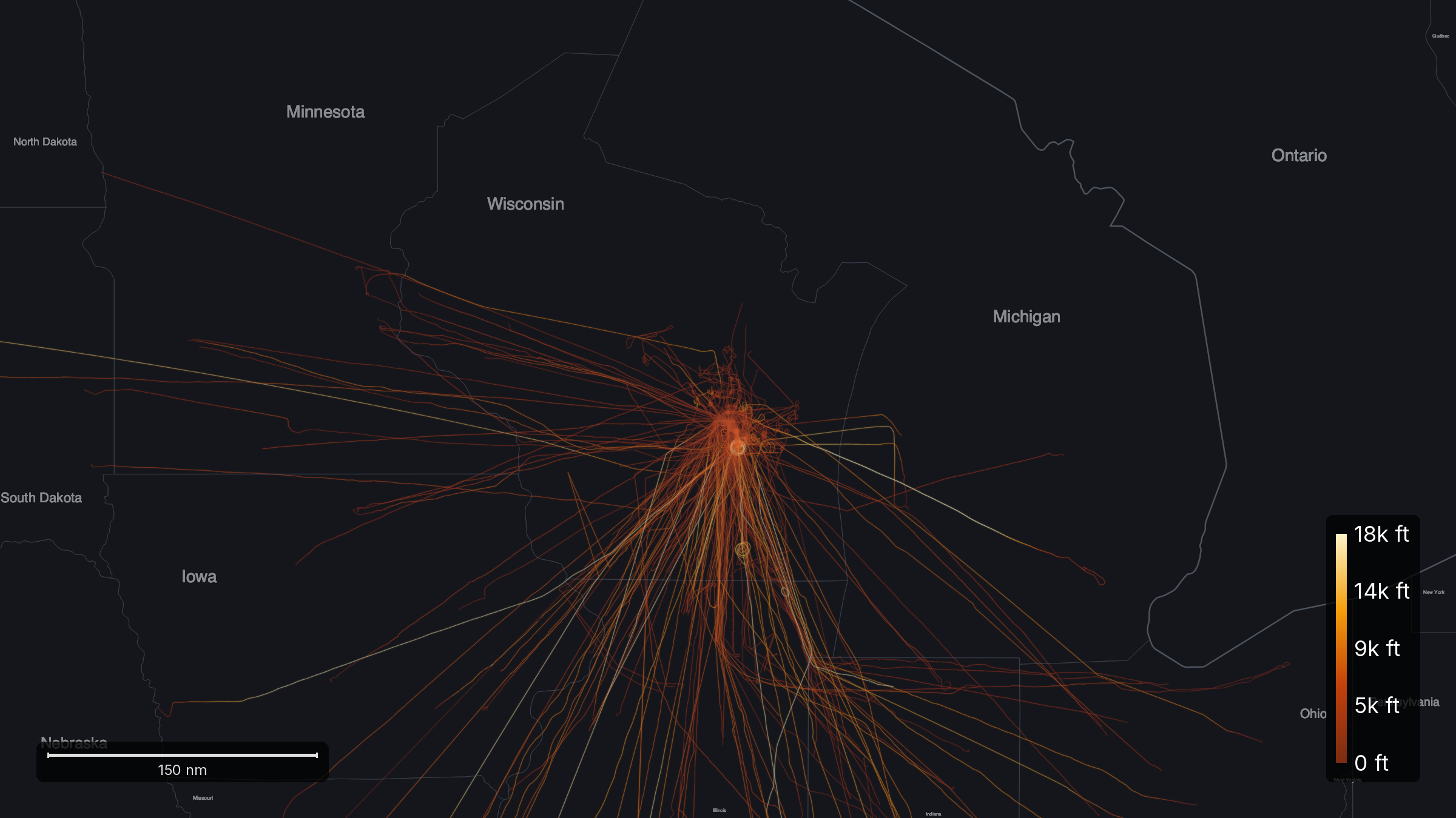 The warbird arrival and departure tracks at Oshkosh during AirVenture 2026, drawn in rust and amber over Wisconsin and the upper Midwest, converging on Wittman Regional with almost nothing arriving from the north.