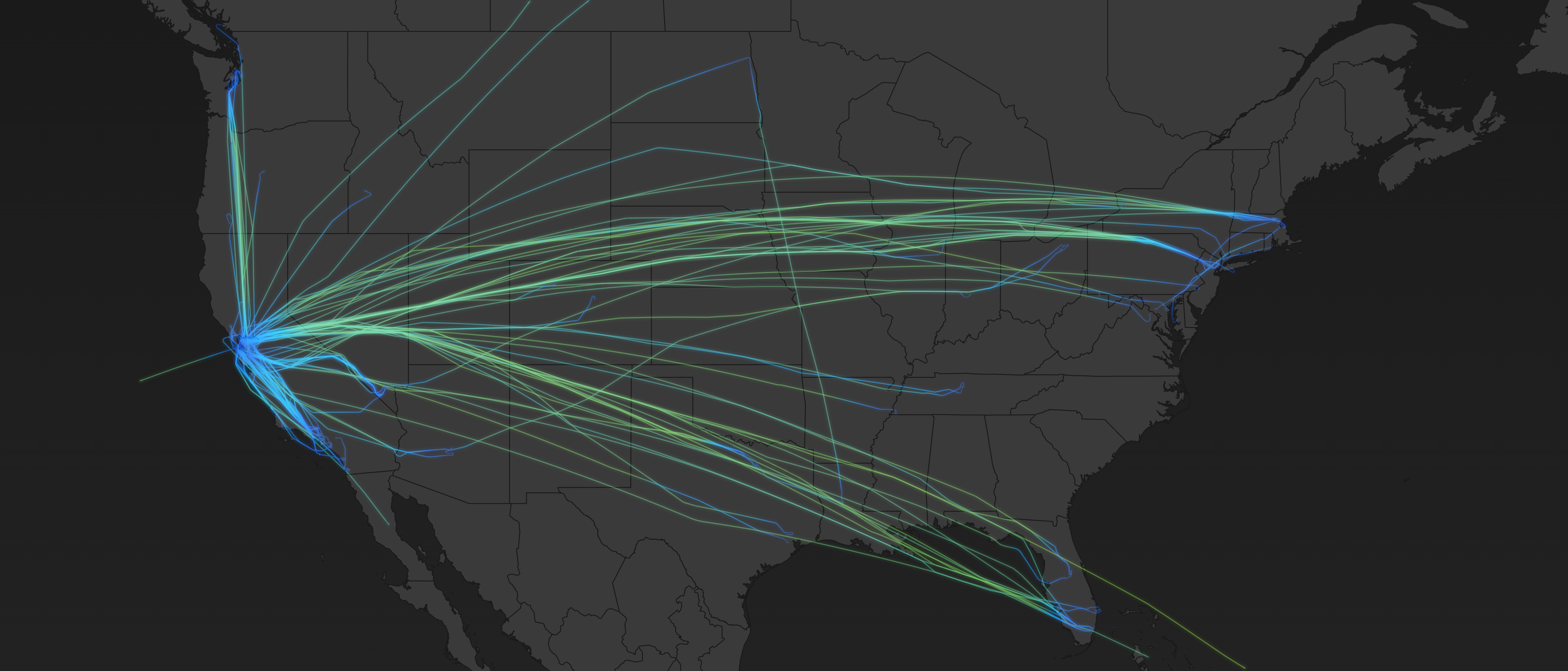 Map visualization showing 132 private jet departure trajectories from San Francisco Bay Area airports after Super Bowl LX on February 8, 2026. Flight paths radiate outward from multiple Bay Area airports (San Francisco, Oakland, San Jose, Hayward, Livermore) toward destinations across the continental United States, with some routes extending to Hawaii, Mexico, Canada, and the Caribbean. Lines are color-coded by departure time from 7:00 PM to 2:00 AM local time, showing concentrated activity between 8:00-9:00 PM.