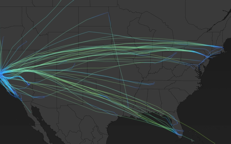 Map visualization showing 132 private jet departure trajectories from San Francisco Bay Area airports after Super Bowl LX on February 8, 2026. Flight paths radiate outward from multiple Bay Area airports (San Francisco, Oakland, San Jose, Hayward, Livermore) toward destinations across the continental United States, with some routes extending to Hawaii, Mexico, Canada, and the Caribbean. Lines are color-coded by departure time from 7:00 PM to 2:00 AM local time, showing concentrated activity between 8:00-9:00 PM.