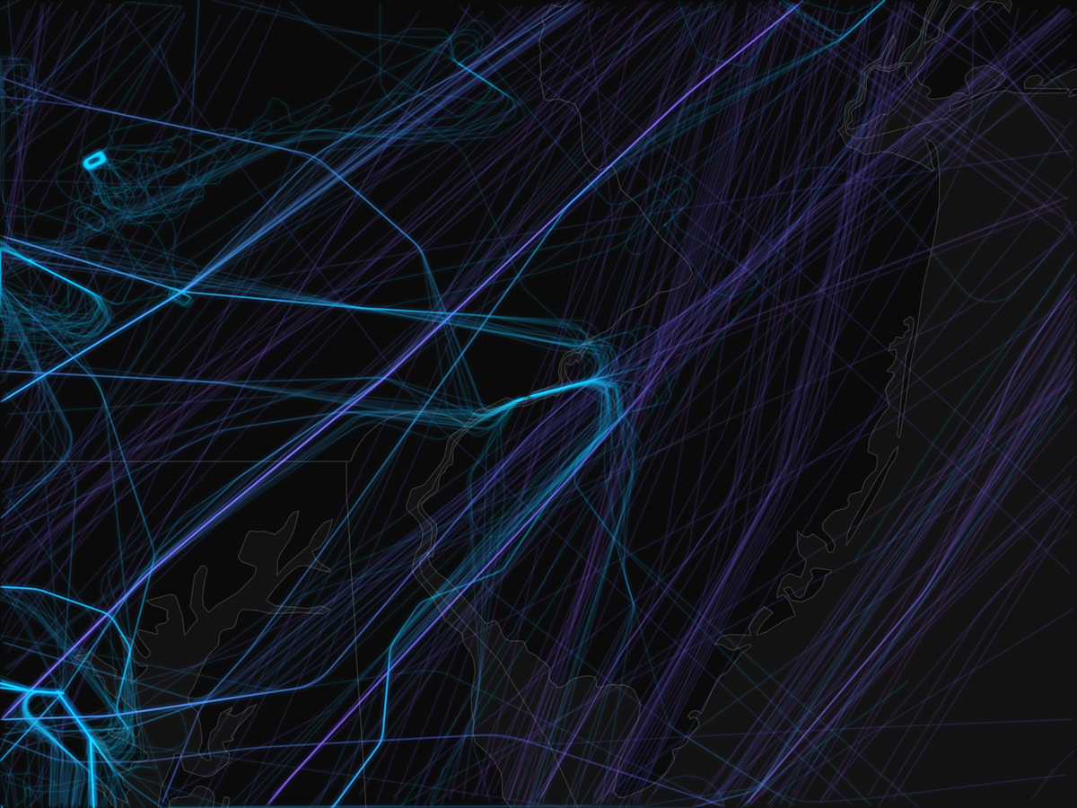 ADS-B flight path map of the Philadelphia region on February 23, 2026, during Winter Storm Hernando. Geographic extent: 38.90°–40.80°N, 76.85°–73.55°W. Shows 824 flight legs — a 68.6% reduction. Average leg distance compressed from 96.7 to 61.8 nautical miles, the steepest reduction of any region. Sub-10,000 foot operations represent 41.6% of remaining legs (343 of 824), up from 26.0% the prior day, giving the storm-day image a visually distinct low-altitude, short-range character compared to the near-empty Boston and New York frames.