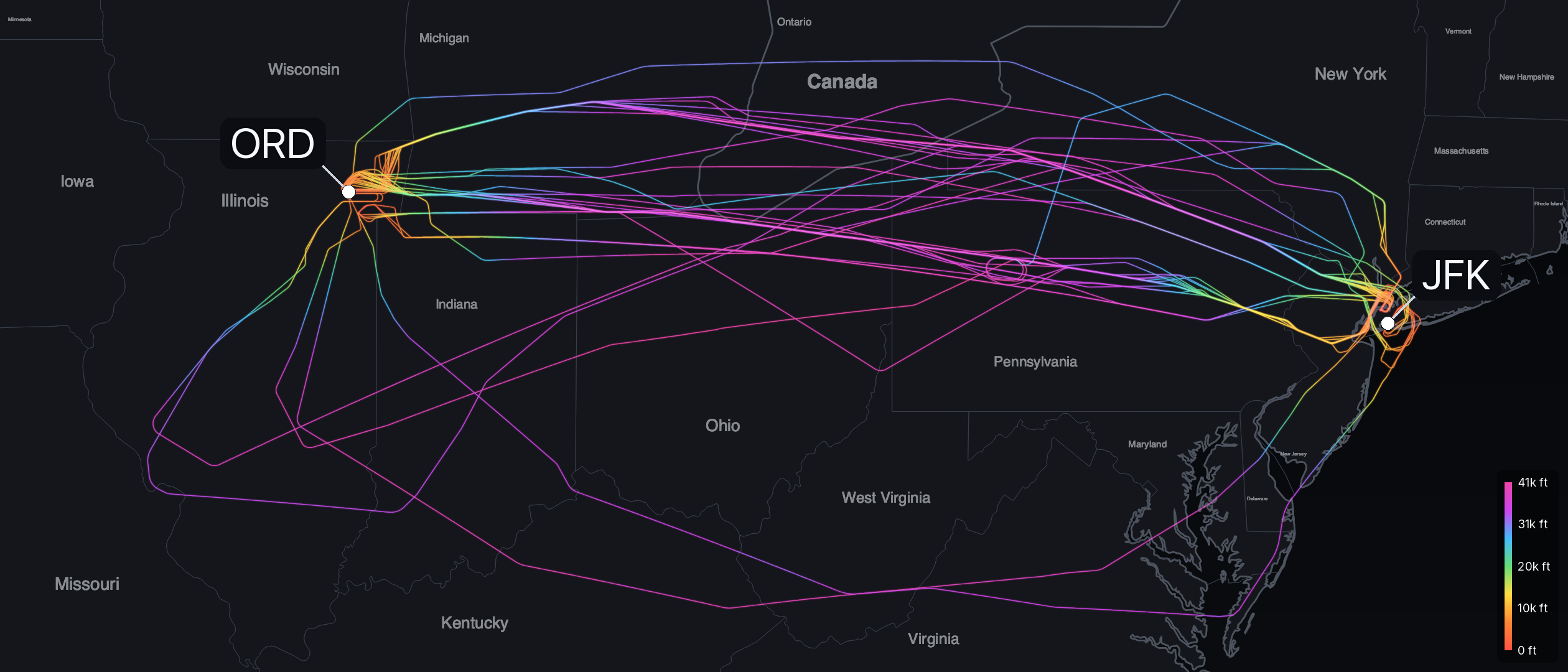 One day of Chicago O'Hare to New York (JFK) flights on June 10, 2026 as ADS-B tracks fanning across the Great Lakes and Northeast, colored by altitude: warm and low where they climb out of O'Hare and descend into New York, high and magenta at cruise across the middle.