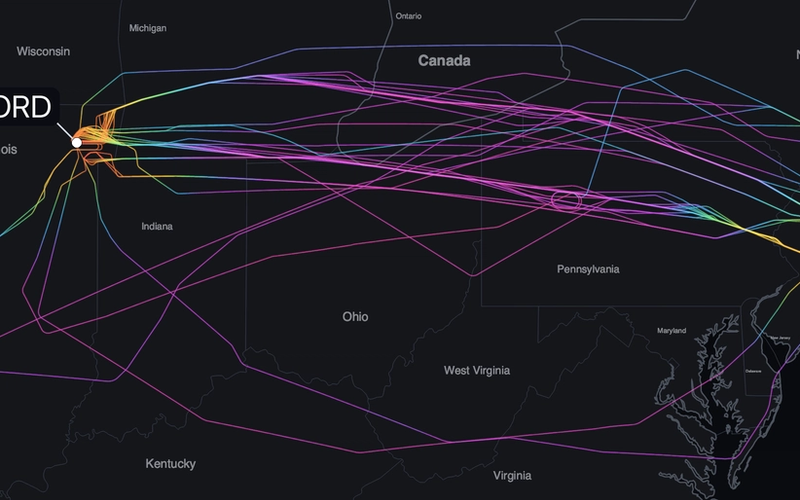 One day of Chicago O'Hare to New York (JFK) flights on June 10, 2026 as ADS-B tracks fanning across the Great Lakes and Northeast, colored by altitude: warm and low where they climb out of O'Hare and descend into New York, high and magenta at cruise across the middle.