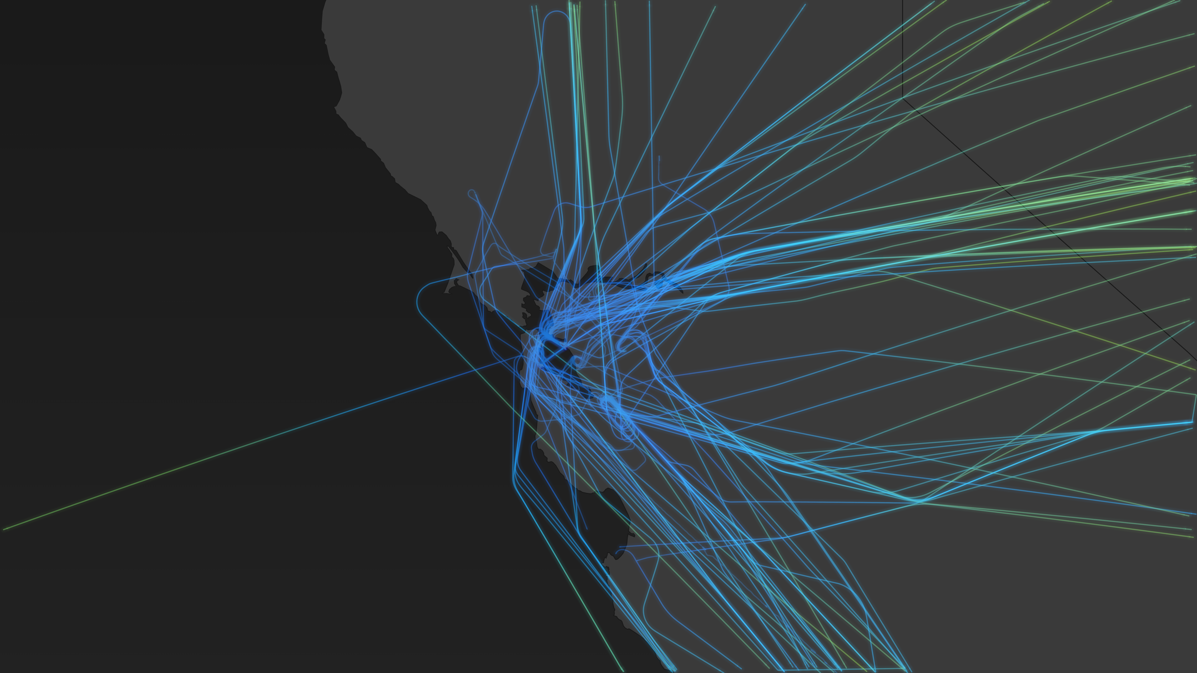 Zoomed view of San Francisco Bay Area showing departure points from six airports: San Francisco International (KSFO), Oakland International (KOAK), San Jose Mineta International (KSJC), Hayward Executive (KHWD), Livermore Municipal (KLVK), and auxiliary fields. Flight paths show initial departure trajectories with heaviest concentration from Oakland (59 flights) and San Jose (35 flights), departing throughout the evening between 7:00 PM and 2:00 AM local time.