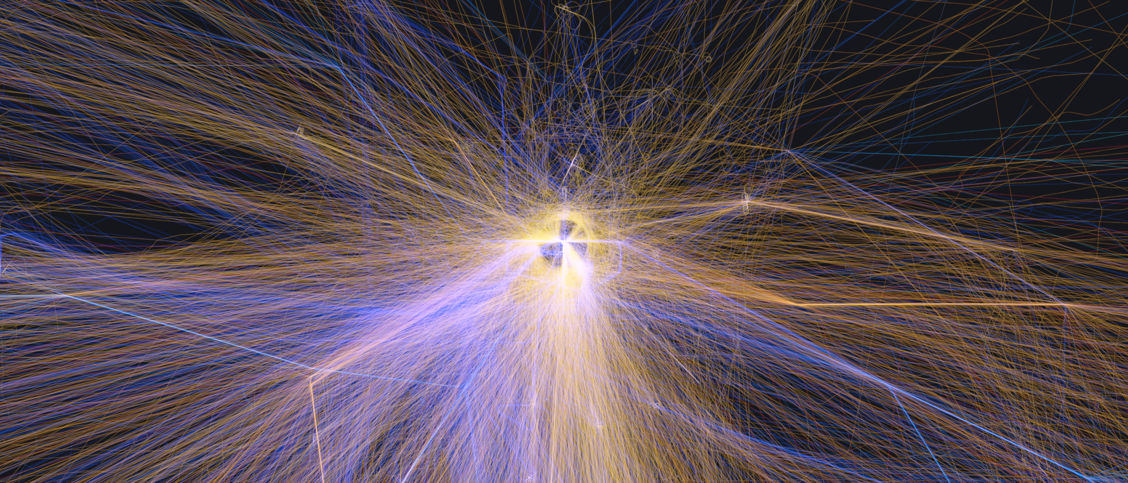 One week of arrivals and departures at Oshkosh during EAA AirVenture 2025, cropped to about 50 nautical miles, arrivals in cool blue and departures in warm gold radiating from Wittman Regional as a dense starburst of ADS-B tracks.