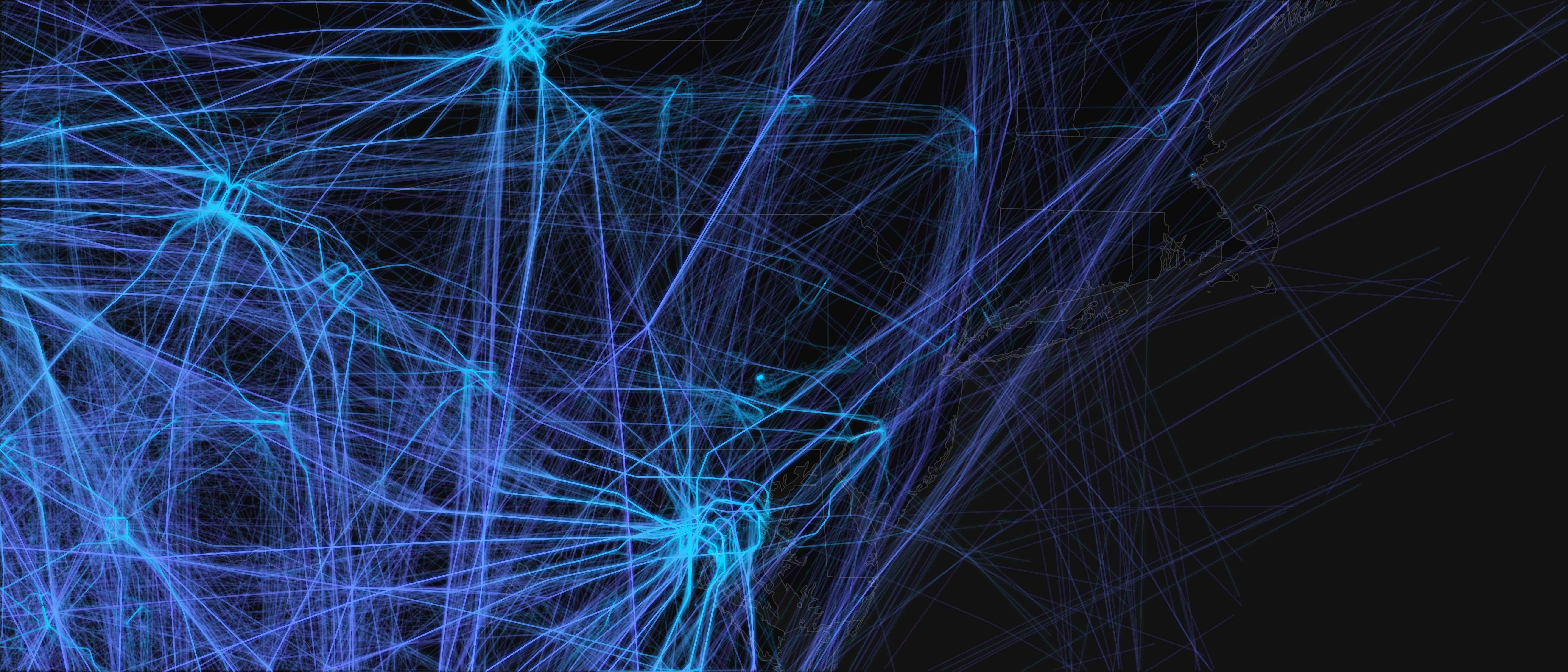 Wide-angle ADS-B flight path visualization of the Eastern storm core comparing February 22 and February 23, 2026, spanning 37.50°–44.00°N, 86.27°–66.23°W. Captures the full geographic extent of Winter Storm Hernando's aviation impact across a corridor from the Great Lakes to coastal Maine. February 22 shows 7,513 flight legs with 2,142,863 nautical miles flown; February 23 shows 5,533 legs and 1,253,914 nautical miles — representing 1,022,985 unflown statute miles.