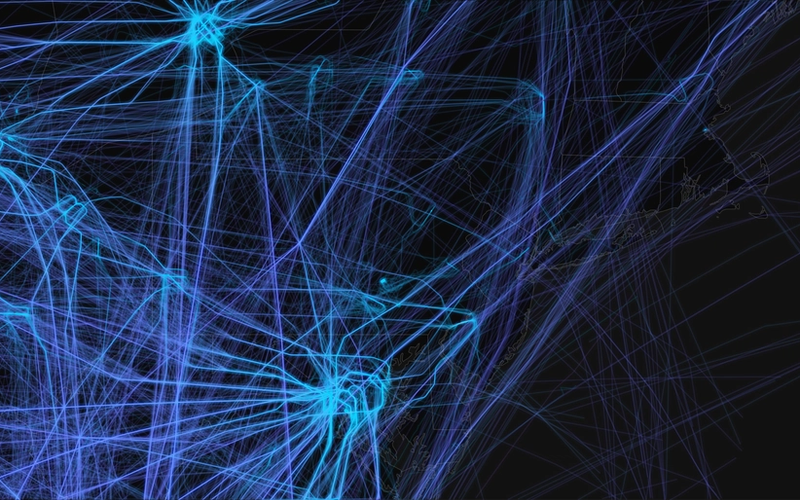 Wide-angle ADS-B flight path visualization of the Eastern storm core comparing February 22 and February 23, 2026, spanning 37.50°–44.00°N, 86.27°–66.23°W. Captures the full geographic extent of Winter Storm Hernando's aviation impact across a corridor from the Great Lakes to coastal Maine. February 22 shows 7,513 flight legs with 2,142,863 nautical miles flown; February 23 shows 5,533 legs and 1,253,914 nautical miles — representing 1,022,985 unflown statute miles.