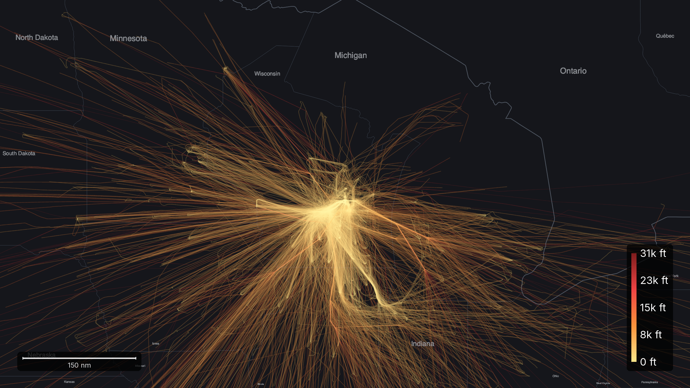 All 4,852 arrivals at Oshkosh across thirteen days of EAA AirVenture 2026, drawn as ADS-B tracks converging on Wittman Regional from eastern Wisconsin and the surrounding region, colored amber to deep red by altitude.