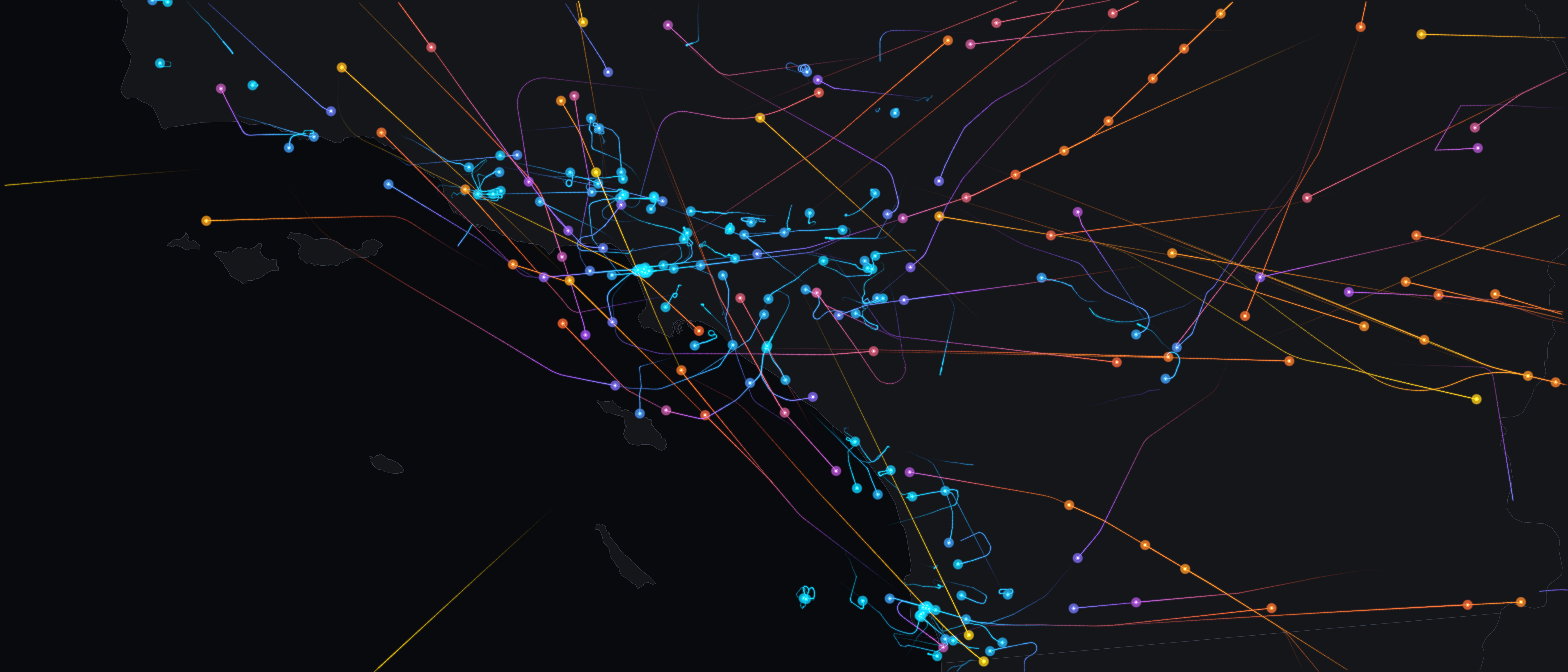 A single instant of real ADS-B traffic over Greater Los Angeles at 5:45 PM: 232 aircraft, each a dot at its position trailing a fading line of its last 12 minutes of flight, colored by altitude from low near the airports (cyan) up to high-altitude cruise (orange and gold), over the lit Southern California coastline.