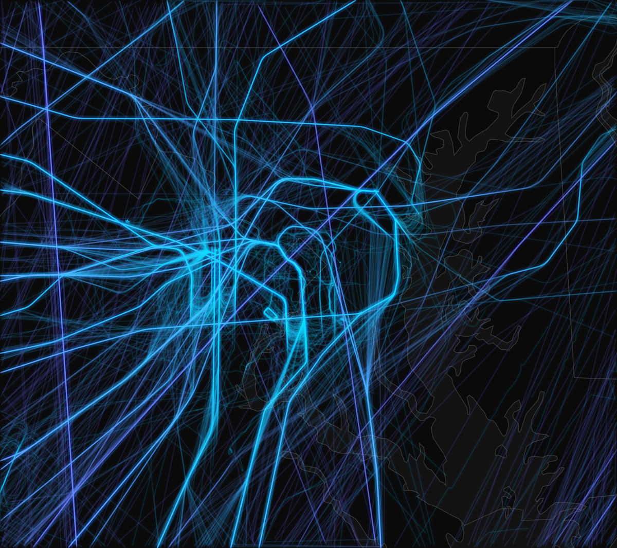 ADS-B flight path map of the Washington D.C. metropolitan region on February 23, 2026, during Winter Storm Hernando. Geographic extent: 37.80°–39.90°N, 78.52°–75.48°W. Shows 1,718 flight legs — a 33.5% reduction, the mildest of any region studied. Unlike storm-core metros, D.C. retains substantial path density consistent with functioning terminal operations. Average cruise altitude fell from 27,891 to 24,476 feet as long-haul through-traffic routing over the Northeast was disrupted, while the 10,000–20,000 foot band grew from 458 to 491 legs in absolute terms.