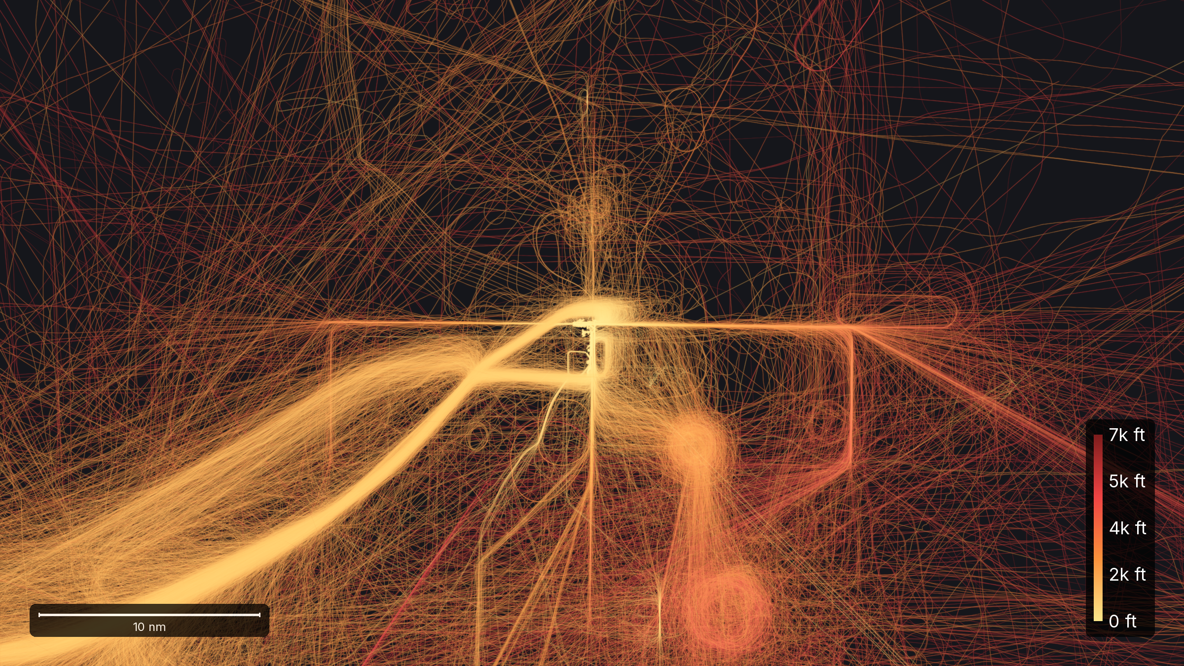 The same 4,852 Oshkosh arrivals in a frame about 53 by 30 nautical miles around Wittman Regional, warm altitude colors converging tightly onto the field, marked with the field, the southwest arrival stream along the Ripon and Fisk route, and a holding racetrack.