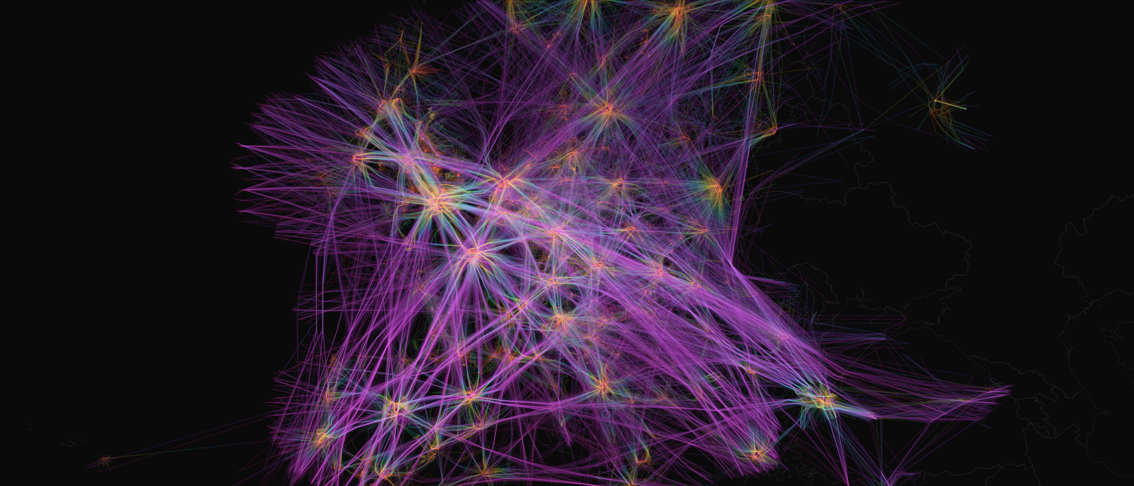 Flight-density map of European airspace built from a single day of ADS-B data, February 18, 2026: 26,284 flight legs from every kind of aircraft, from airliners to light general aviation, covering 13.9 million statute miles, each path colored by its altitude from red at low level to magenta at cruise, over a dark map.