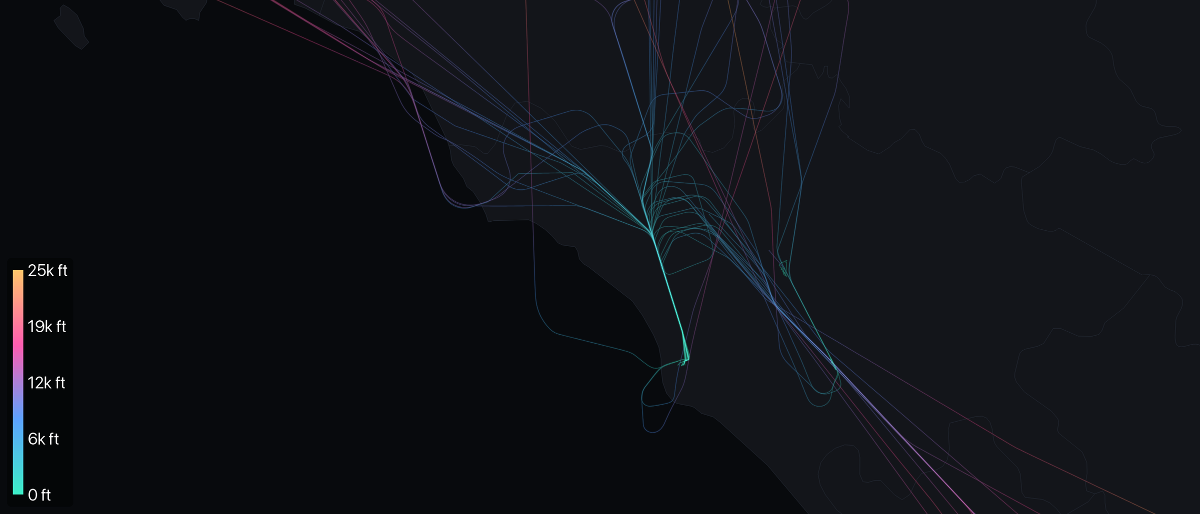 Aircraft holding over Rome Fiumicino on January 15, 2026, reconstructed from ADS-B tracks. 24 of 315 tracked aircraft flew racetrack loops over two holds north of the field, the Tarquinia and Campagnano VOR beacons. Tracks colored by altitude, with a scale at lower left.