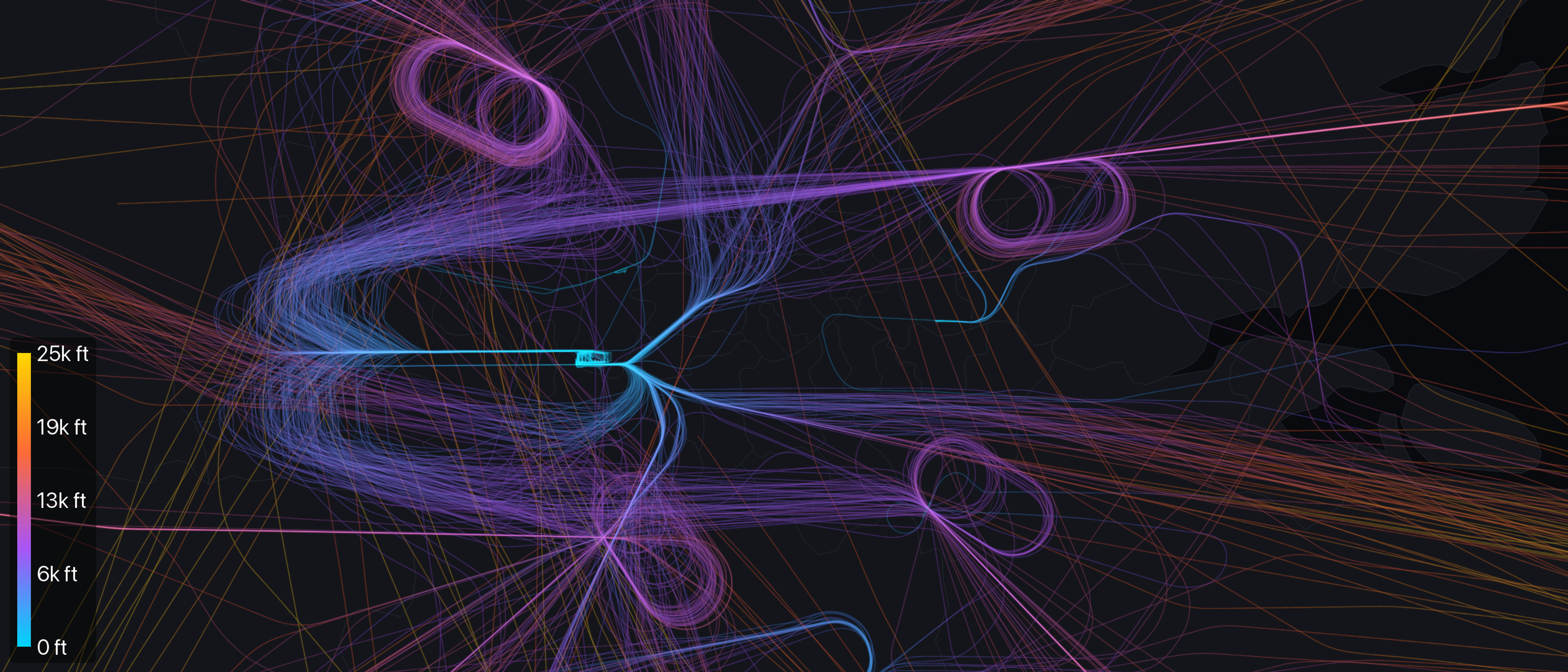 Every aircraft that held over London on February 18, 2026, drawn from ADS-B data across a full day in the London terminal area. Of 996 tracked aircraft, 295 flew racetrack loops over four holding fixes, the ovals blooming brightest where many aircraft flew the same pattern. Tracks are colored by altitude, cyan at low level near the airport and warmer through the stacked holds above, with an altitude scale at the lower left.