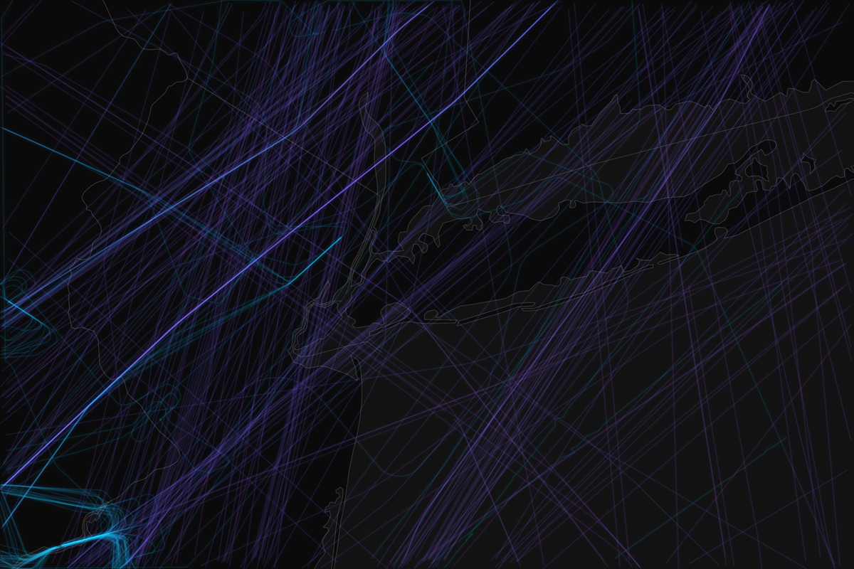 ADS-B flight path map of the New York City metropolitan region on February 23, 2026, during Winter Storm Hernando. Geographic coverage: 39.80°–41.60°N, 75.48°–71.92°W. Shows 407 flight legs — an 83.2% reduction from the prior day. The 10,000–20,000 foot approach and departure band contains just 20 legs, down 96.3% from 535. The 30,000–40,000 foot cruise band now represents 54.1% of all remaining traffic, up from 28.5% the prior day, as average cruise altitude shifted from 23,953 to 33,325 feet.