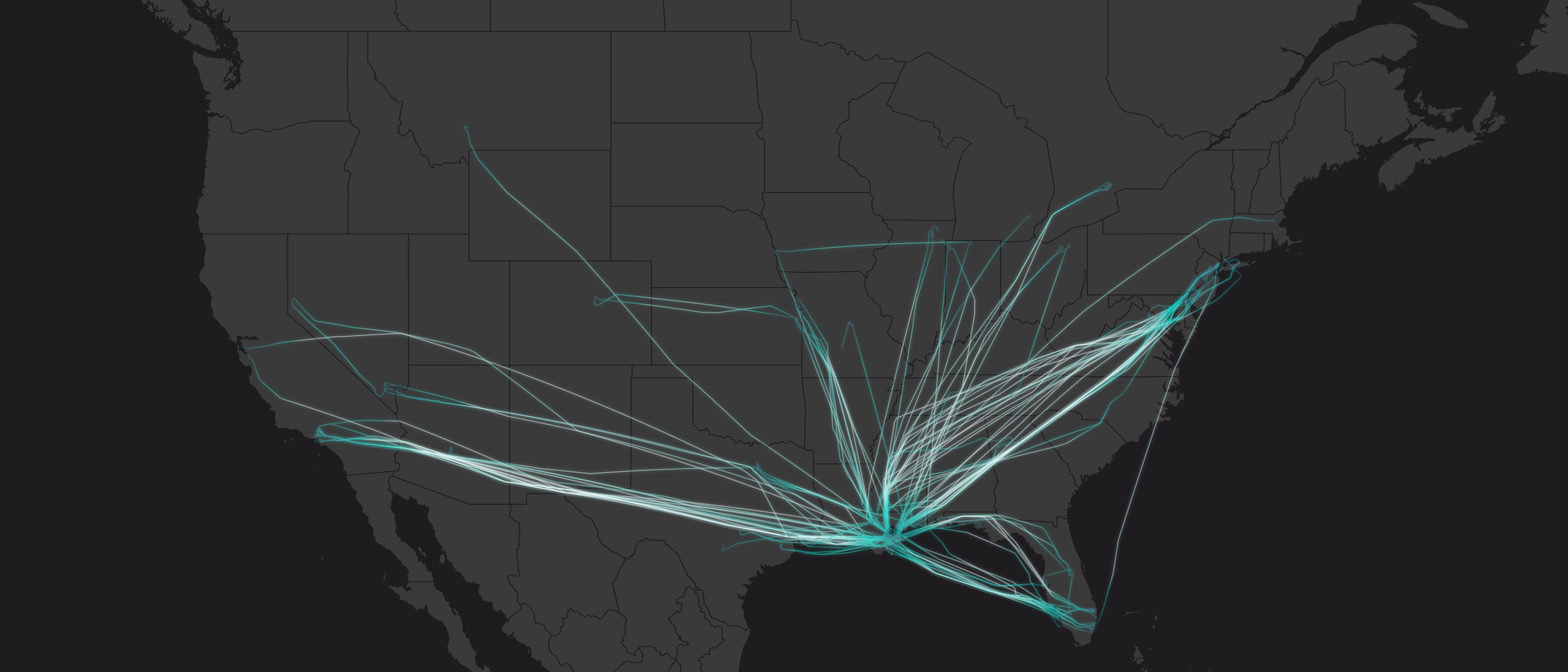 Map visualization showing flight paths of 126 private jets departing New Orleans after Super Bowl LIX on February 9, 2025.
