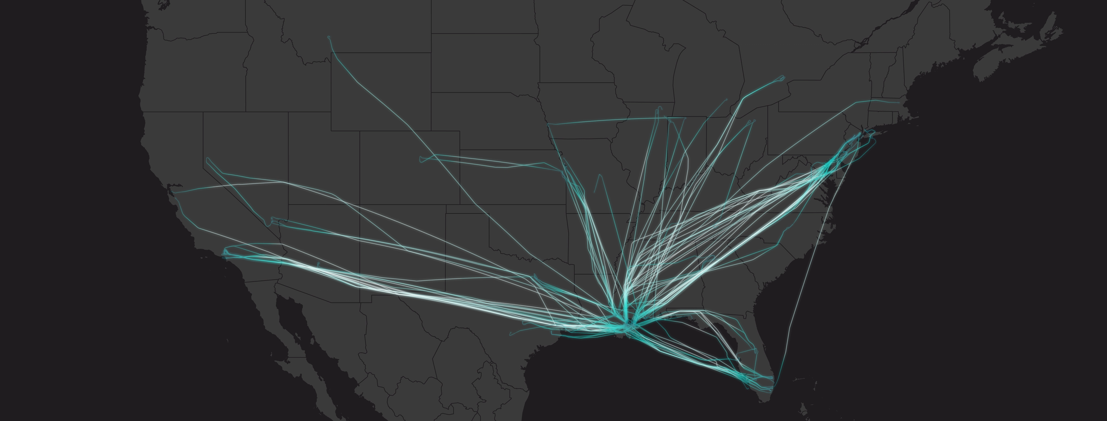 Map visualization showing flight paths of 126 private jets departing New Orleans after Super Bowl LIX on February 9, 2025.
