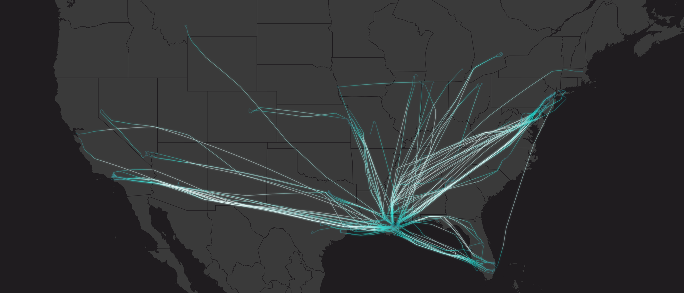 Map visualization showing flight paths of 126 private jets departing New Orleans after Super Bowl LIX on February 9, 2025.