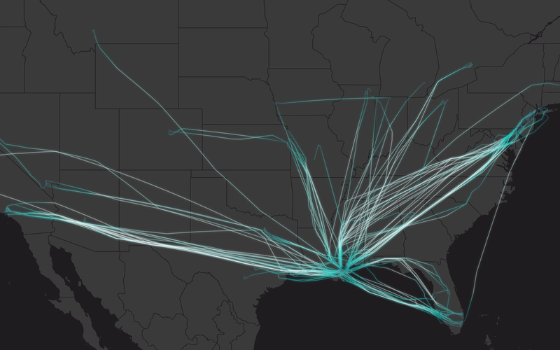Map visualization showing flight paths of 126 private jets departing New Orleans after Super Bowl LIX on February 9, 2025.