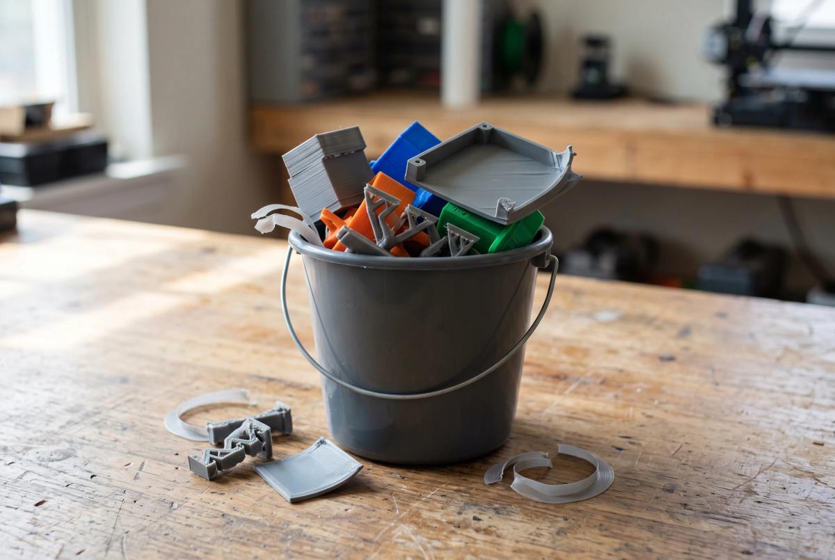 A small plastic bucket filled with failed PLA prints, snapped-off support structures and peeled-off brims on a workbench