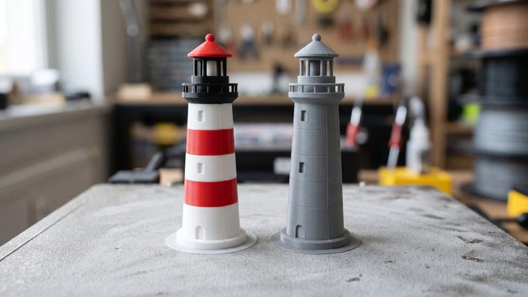 Two identical 3D printed lighthouse models side by side on a workbench: one printed in white with red stripes, a black lantern room and a red roof, the other entirely in plain gray filament