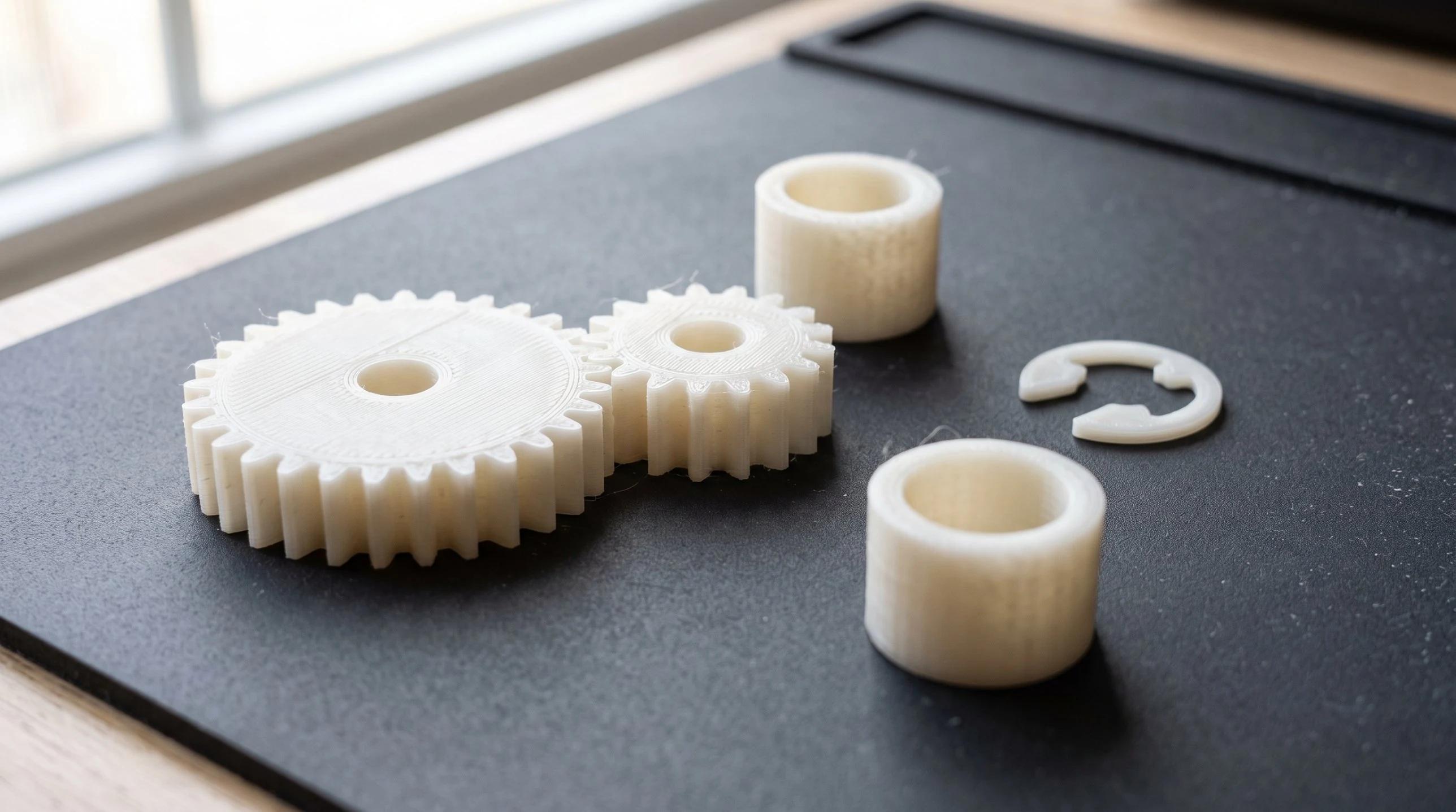 Two meshing gears, two bushings and a flat retaining clip 3D printed in off-white nylon, laid out on a black workbench mat