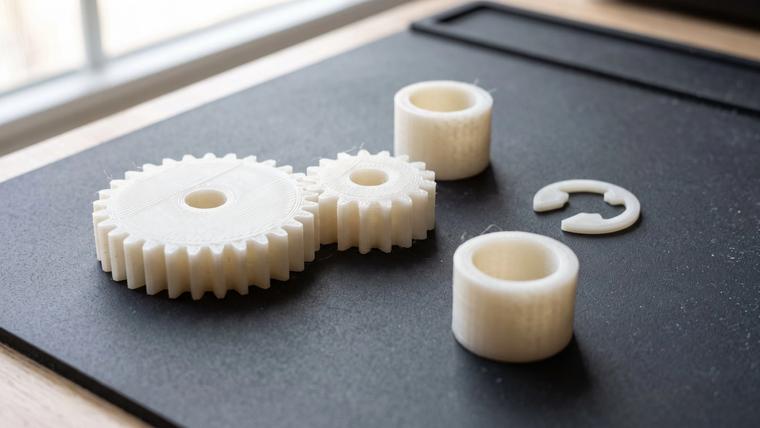 Two meshing gears, two bushings and a flat retaining clip 3D printed in off-white nylon, laid out on a black workbench mat