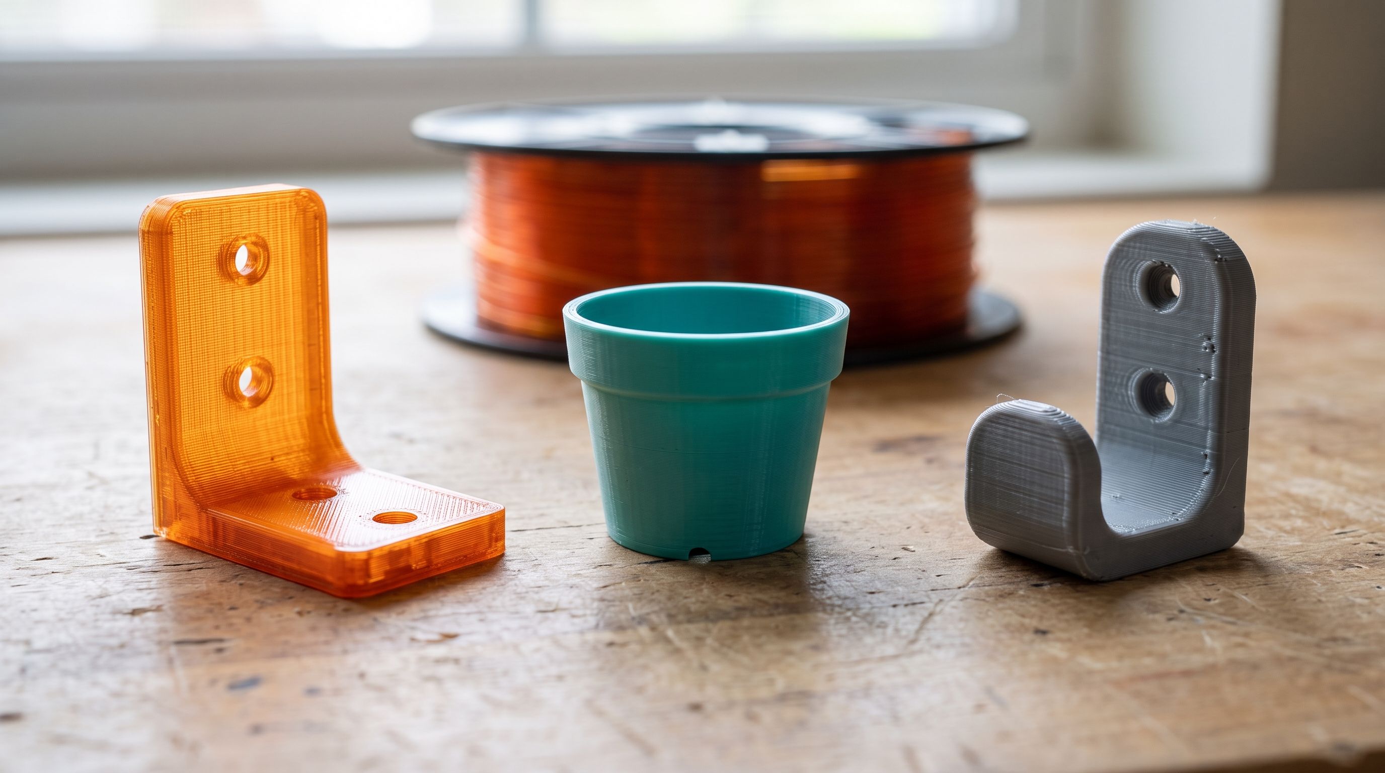 Functional 3D printed parts in PETG - a translucent orange bracket, a teal planter pot and a grey hook - on a workbench next to a spool of filament