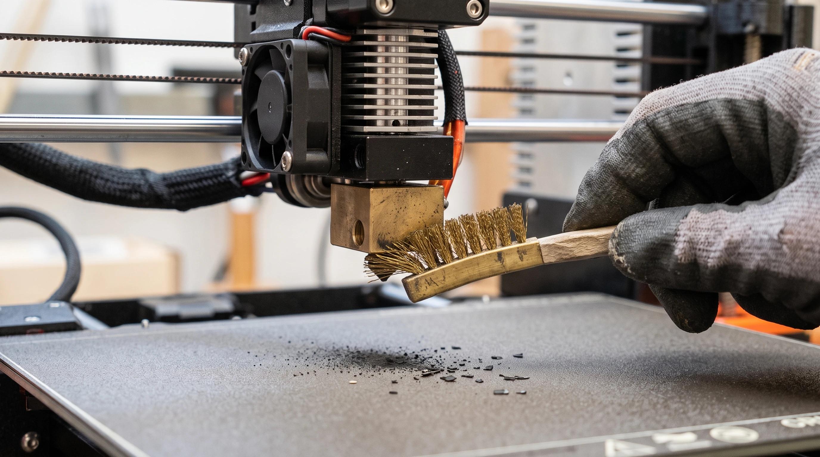 Brass wire brush cleaning carbon residue off the side of a 3D printer nozzle, with fine dark debris on the print bed below