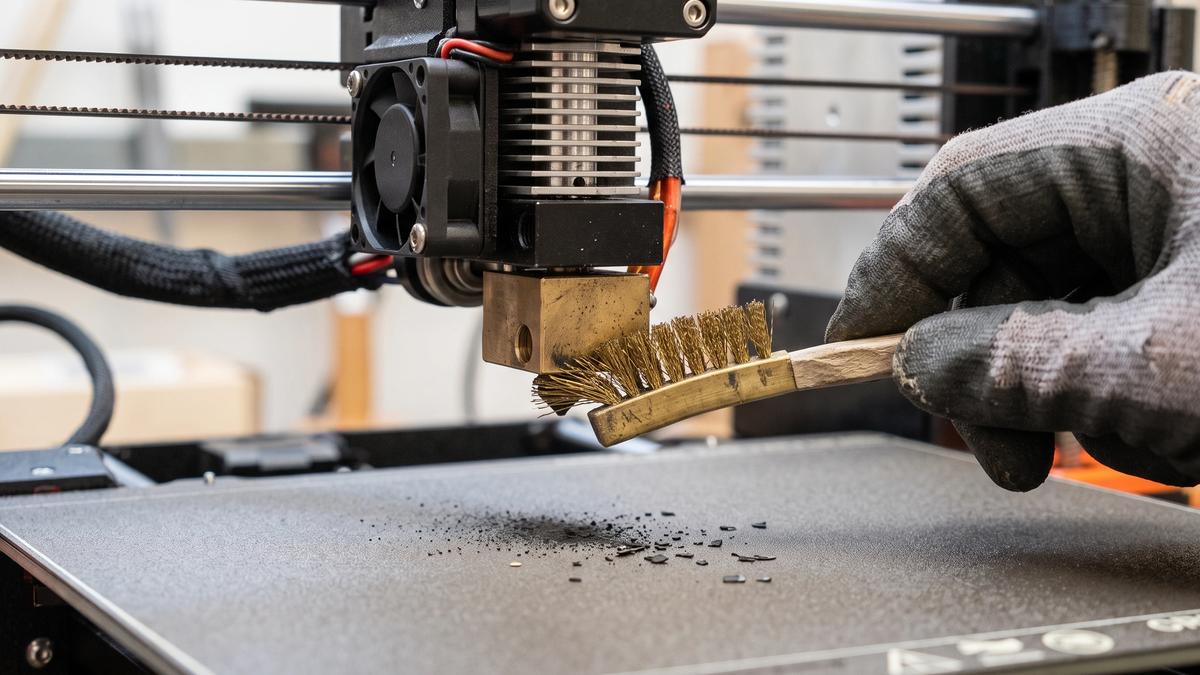 Brass wire brush cleaning carbon residue off the side of a 3D printer nozzle, with fine dark debris on the print bed below