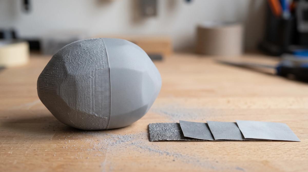 A 3D printed part shown partly sanded, with sheets of sandpaper in increasing grit laid out beside it