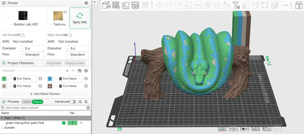 Multicolour snake model open in Bambu Studio with four filament slots assigned in the side panel