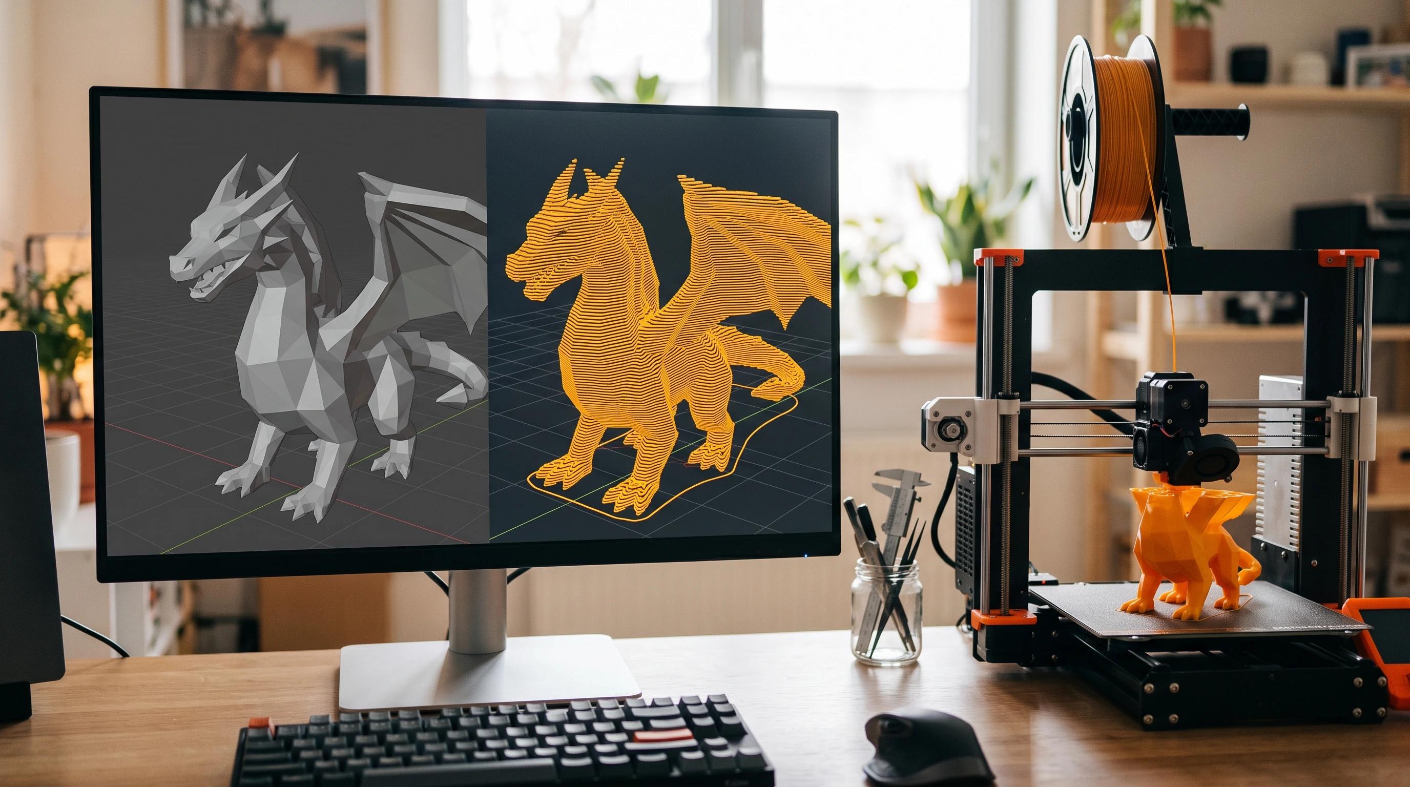 A 3D model shown as a solid shape on one half of a screen and as stacked toolpath layers on the other, next to a printer building the same object