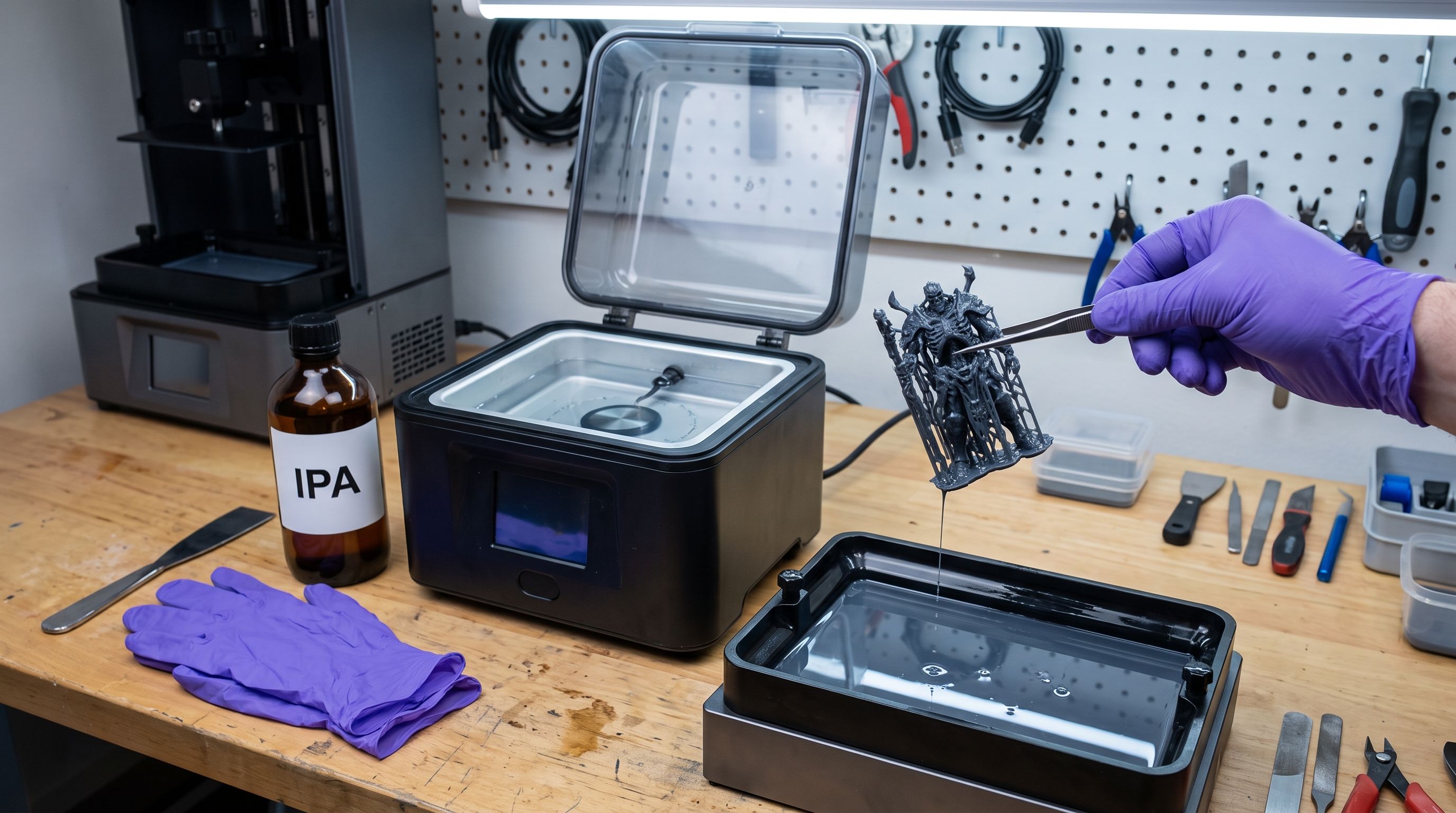 A resin printing post-processing station with a wash and cure station, nitrile gloves, and a miniature held above an open resin vat