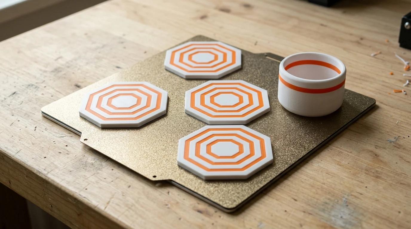 Four white octagonal coasters with an orange geometric pattern and a small matching planter arranged on a textured 3D printer build plate