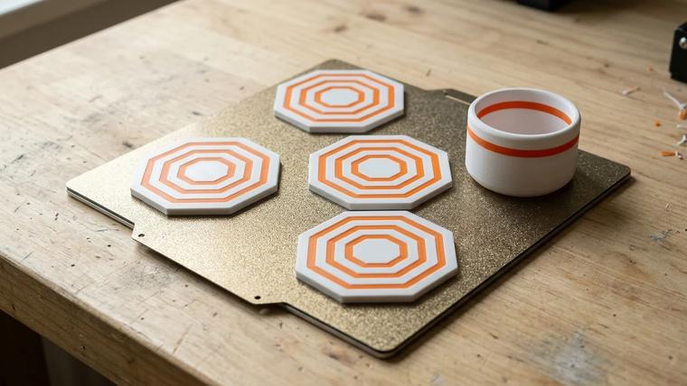Four white octagonal coasters with an orange geometric pattern and a small matching planter arranged on a textured 3D printer build plate