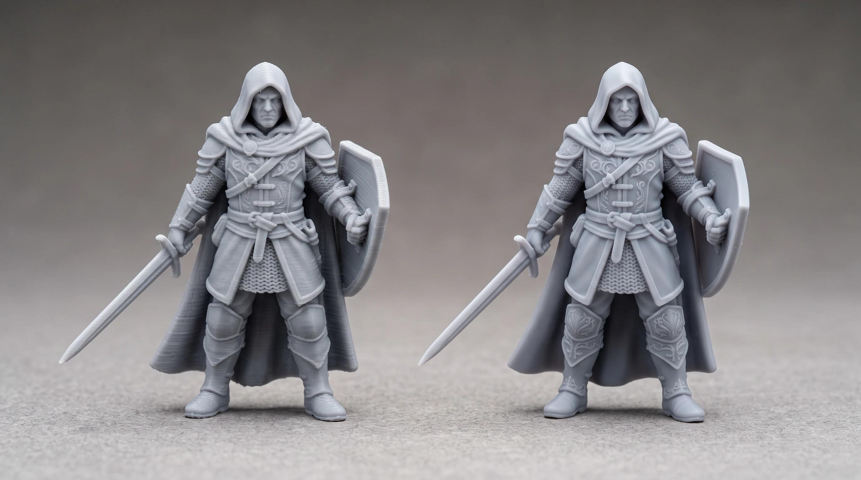 Two identical grey miniature figures side by side, the FDM print showing layer lines and the resin print smooth