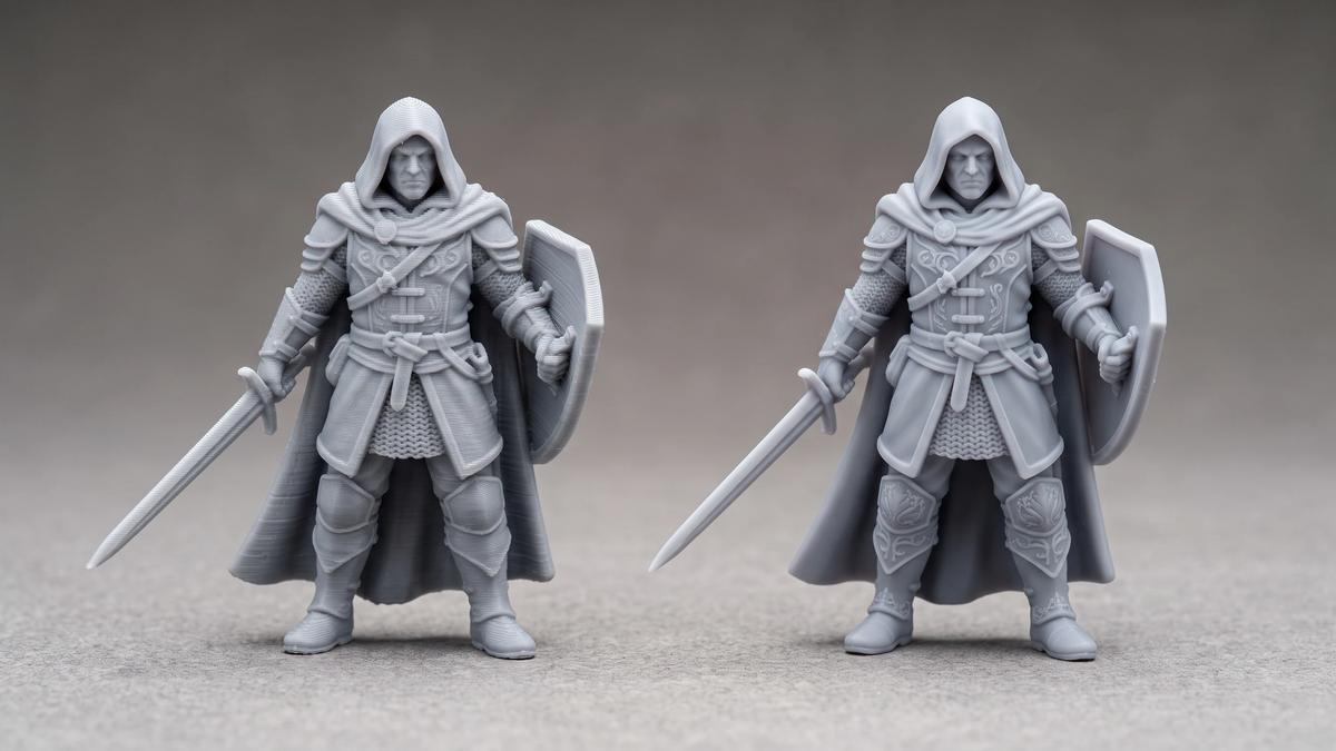Two identical grey miniature figures side by side, the FDM print showing layer lines and the resin print smooth