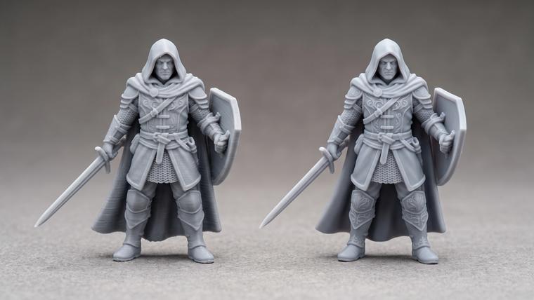 Two identical grey miniature figures side by side, the FDM print showing layer lines and the resin print smooth
