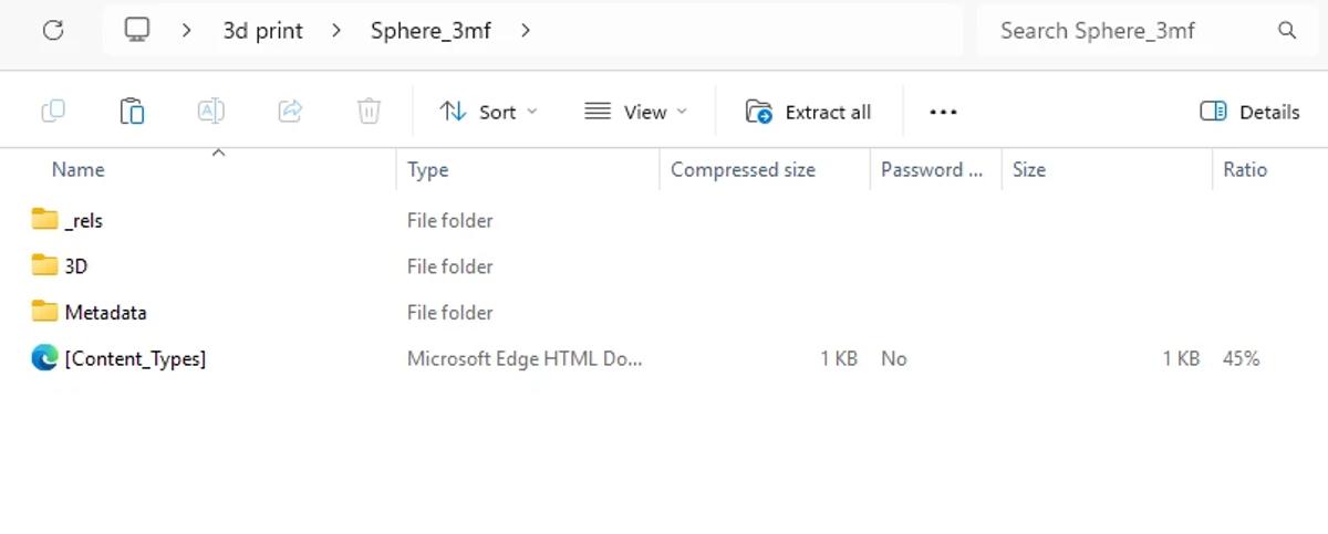 A 3MF file renamed to .zip and opened, showing the 3D, Metadata and _rels folders inside