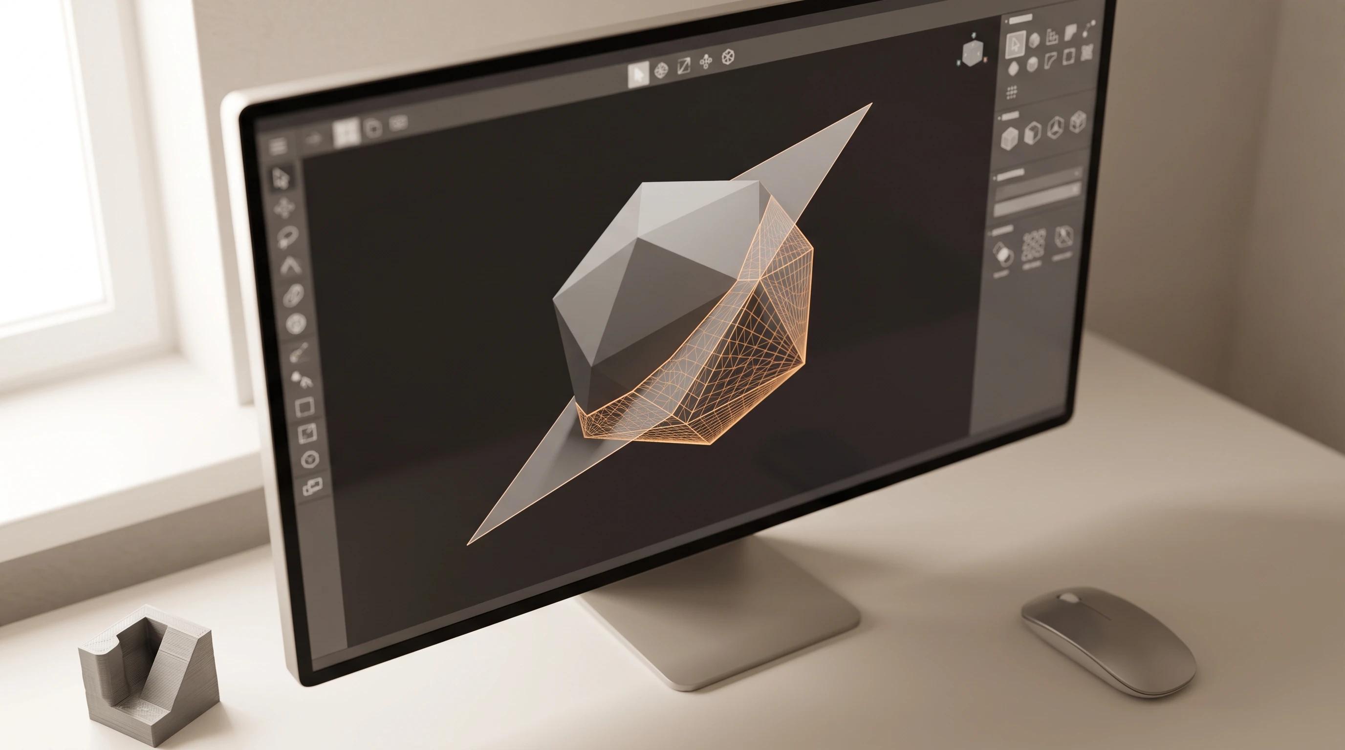 3D model on a monitor with a wireframe overlay and a cutting plane passing through it, next to a small printed object