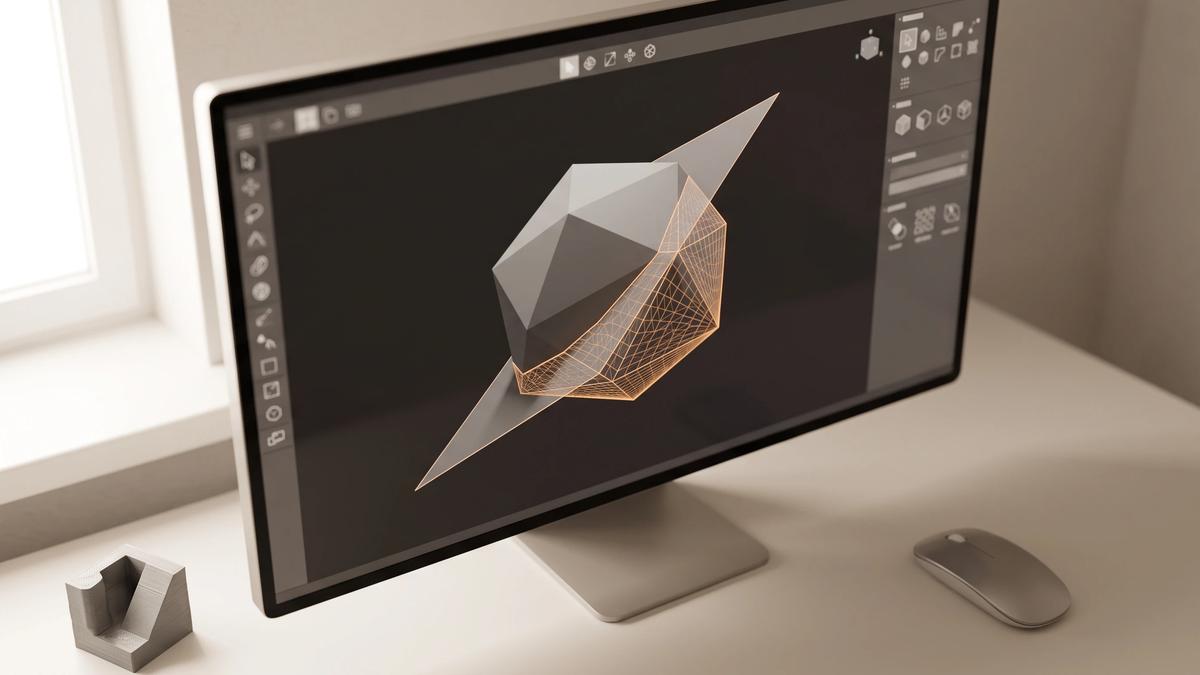 3D model on a monitor with a wireframe overlay and a cutting plane passing through it, next to a small printed object