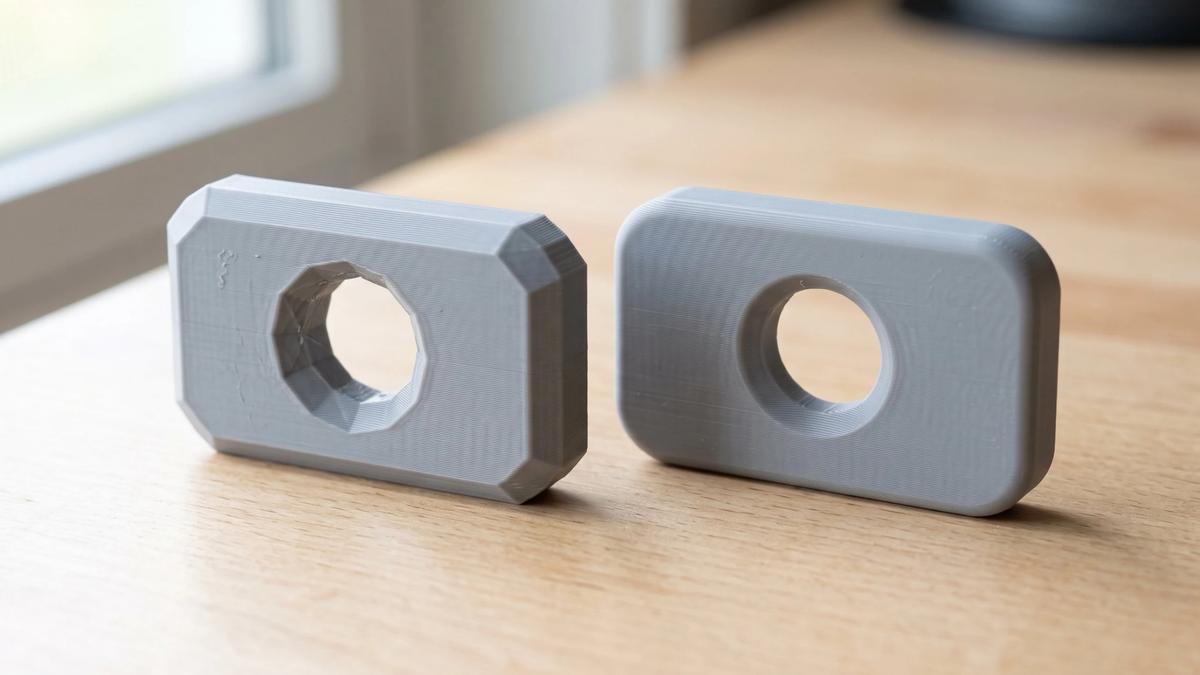 Two grey 3D printed plates with a round hole: the left one has flat facets on its corners and inside the hole, like a coarse mesh, while the right one has smooth curves