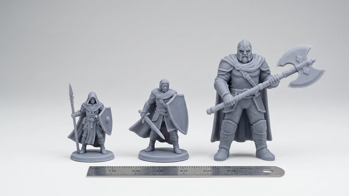 Three grey miniature figures of clearly different heights standing in a row with a measuring ruler in front