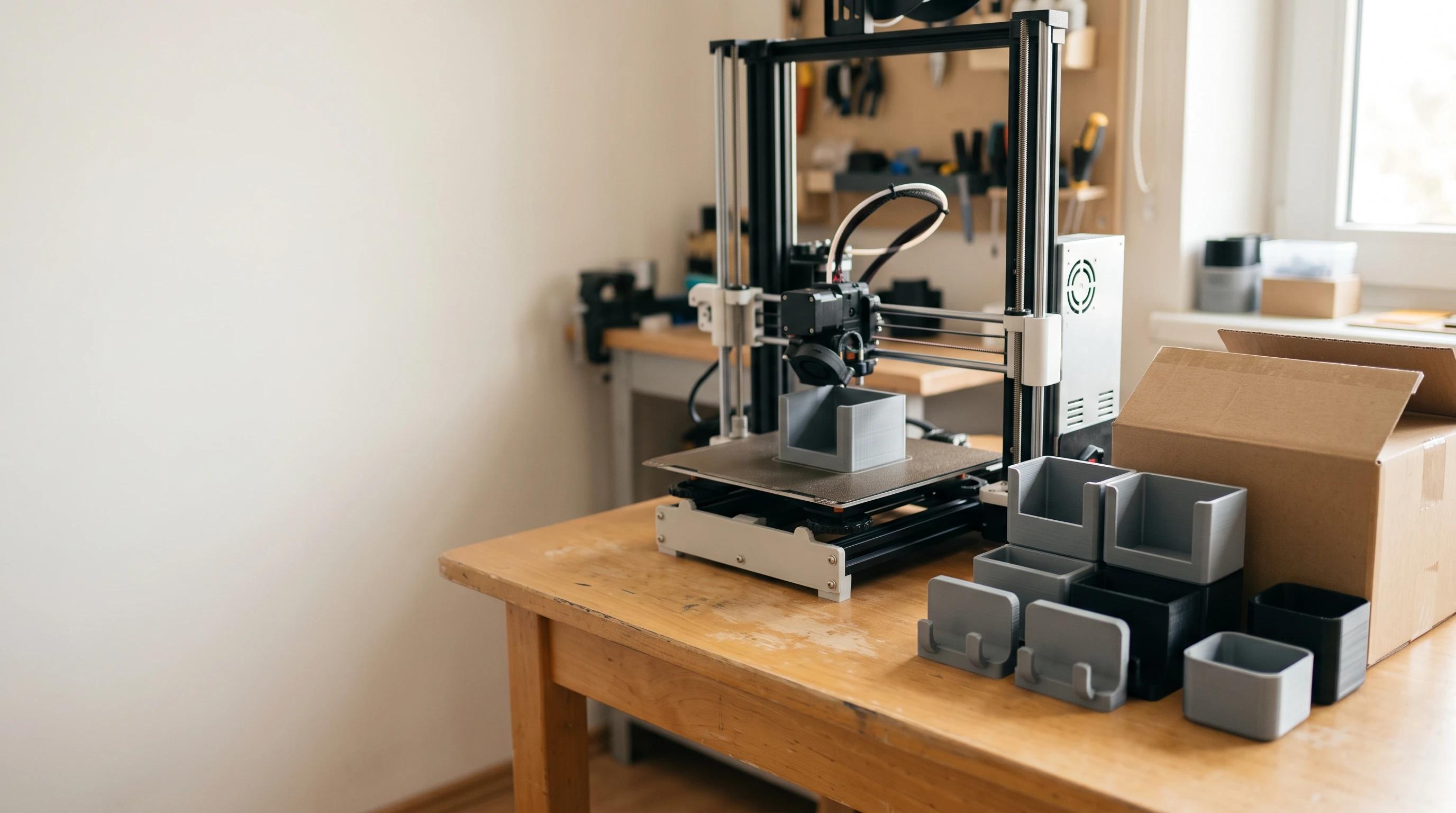 Desktop 3D printer running next to a stack of finished printed items and a shipping box