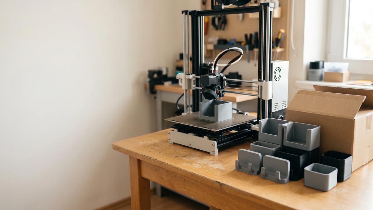 Desktop 3D printer running next to a stack of finished printed items and a shipping box