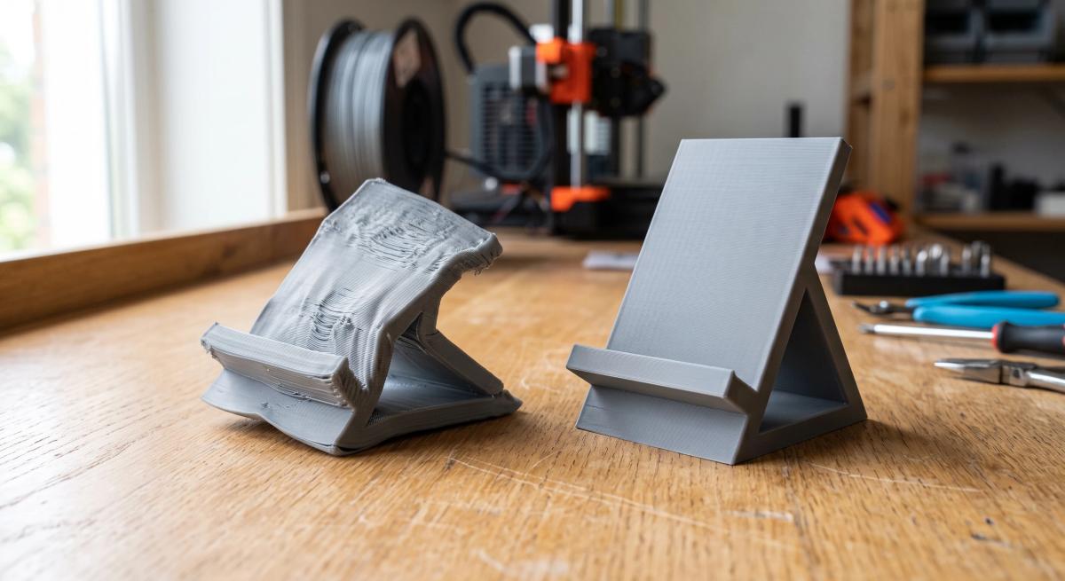 Two identical 3D printed phone stands side by side, the left one warped and drooped from heat, the right one intact
